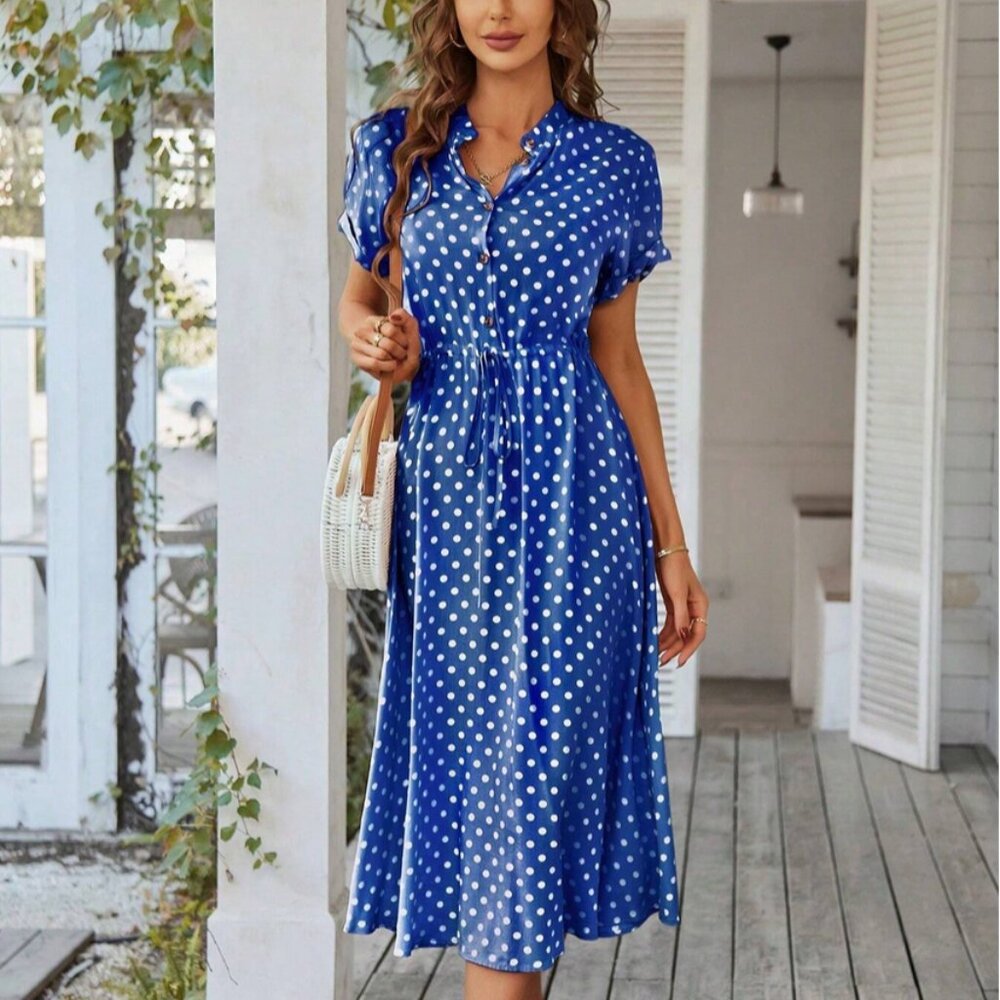 Polka Dot Short Sleeve Button Front Shirt Dress, Blue, M/6